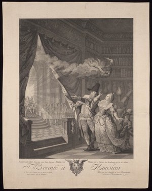 view Caesar Nostradamus reveals to Marie de' Medici a vision of King Henri IV as her future husband. Etching by N. Ransonnette, 1782.