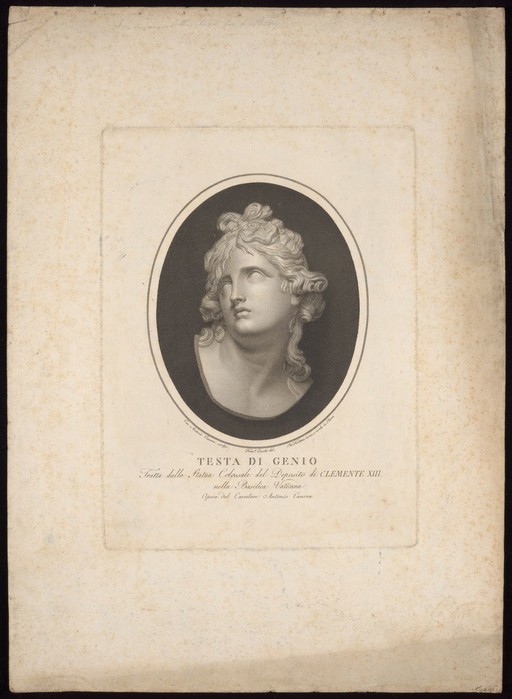 An ideal mourning head for the tomb of Pope Clement XIII. Engraving by P. Fontana after F. Cecchi after Antonio Canova (1757-1822).