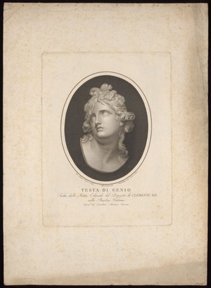 view An ideal mourning head for the tomb of Pope Clement XIII. Engraving by P. Fontana after F. Cecchi after A. Canova.