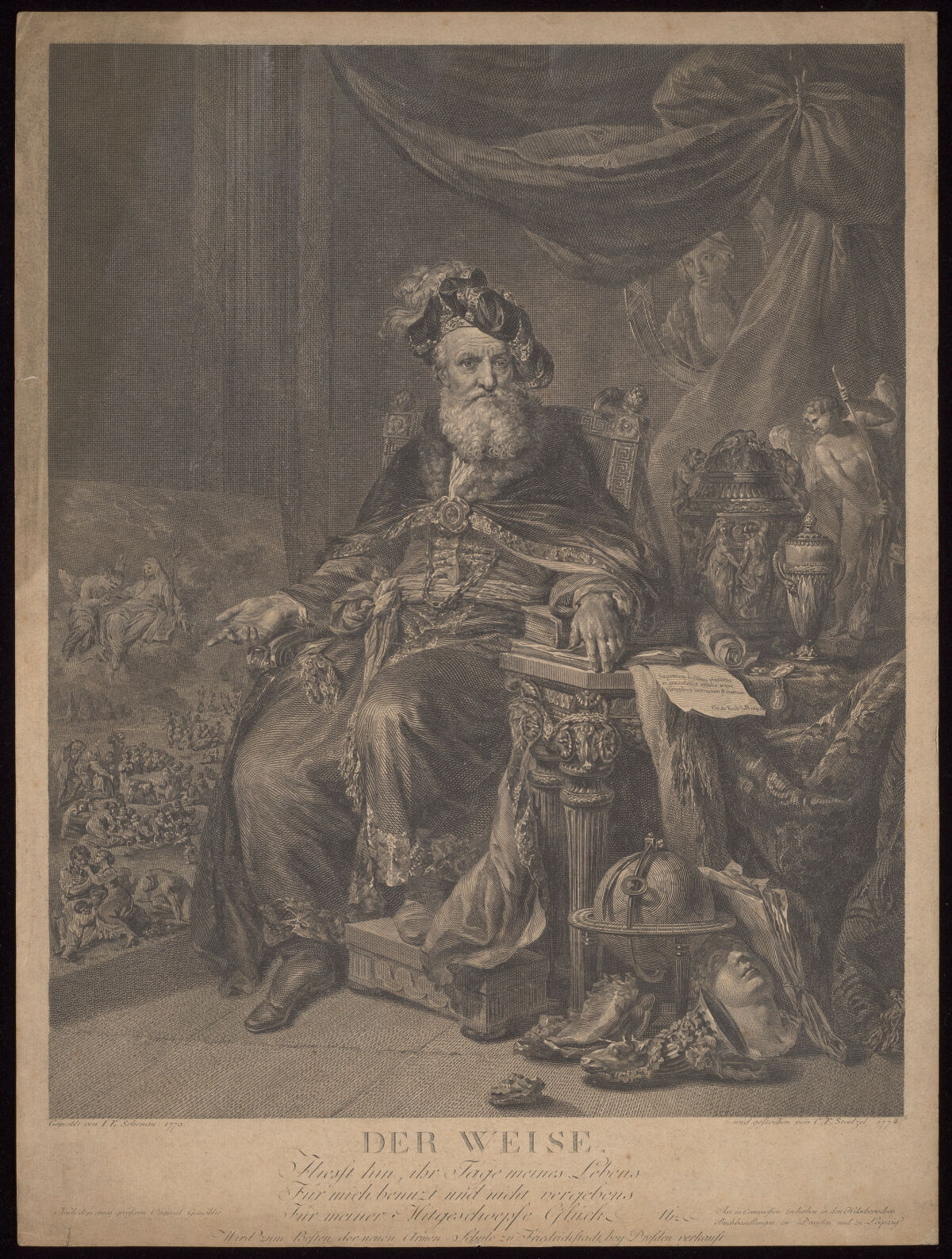 A philosopher and virtuoso seated in an armchair: dissatisfied with his accomplishments, he points to the need for charity to the poor. Engraving by C.F. Stoelzel, 1774, after J.E. Schenau, 1773., [ca. 1774], by Johann Eleazar Zeissig