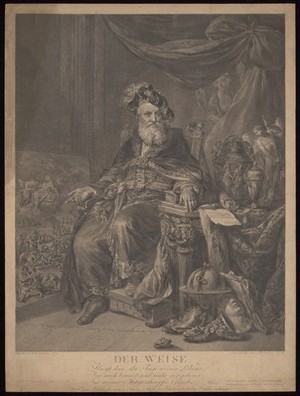 view A philosopher and virtuoso seated in an armchair: dissatisfied with his accomplishments, he points to the need for charity to the poor. Engraving by C.F. Stoelzel, 1774, after J.E. Schenau, 1773.