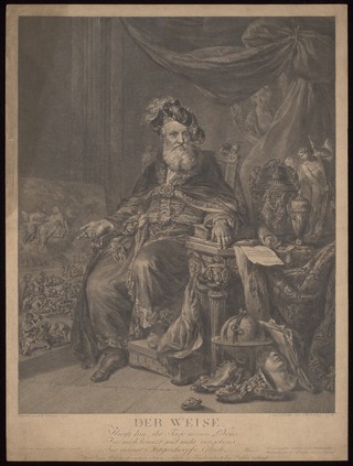 A philosopher and virtuoso seated in an armchair: dissatisfied with his accomplishments, he points to the need for charity to the poor. Engraving by C.F. Stoelzel, 1774, after J.E. Schenau, 1773.