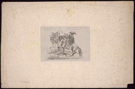 Two trumpeters on horseback. Etching, 1841.