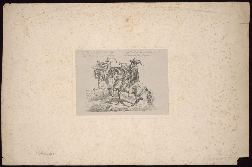 Two buglers on horseback blowing a fanfare or signal. Etching by Ferdinand (Fernando), King of Portugal, 1841, after J.M. Foussereau.