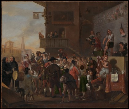 A crowd watching a troupe of quack-doctors on a stage outside an inn. Oil painting by a Flemish painter, ca. 1640(?).