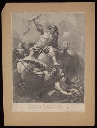 Jupiter casting thunderbolts from the sky. Engraving by M. Küsel after S. Vouet.