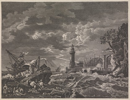 A storm at sea. Engraving.