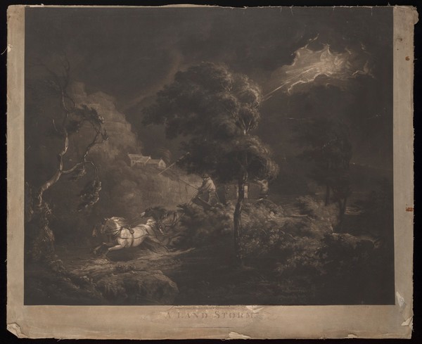 A storm in a wild and rocky landscape: lightning flashes while a man drives a a coach and four hourses through the darkness. Mezzotint by S.W. Reynolds the elder after G. Morland, 1798.