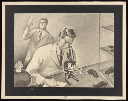 Scientists experimenting with rats to investigate the plague. Drawing by A.L. Tarter, 194-.