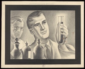 view Scientists investigating the plague. Drawing by A.L. Tarter, 194-.