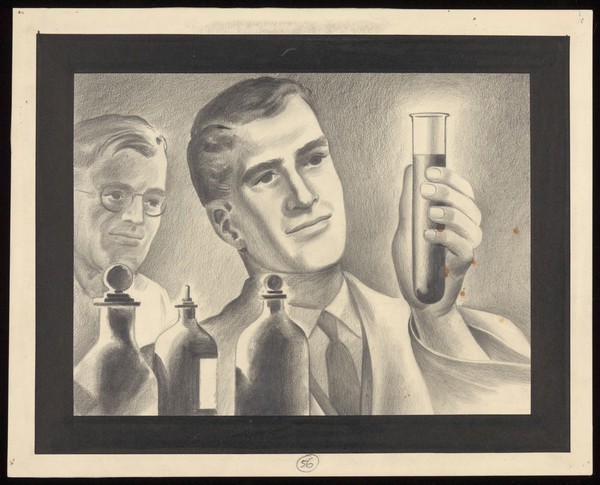 Scientists investigating the plague. Drawing by A.L. Tarter, 194-.