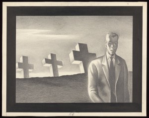 view A man with the graves of plague victims in the background. Drawing by A.L. Tarter, 194-.