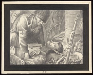 view An American soldier lying wounded; analogous to the sufferings of a plague victim. Drawing by A.L. Tarter, 194-.