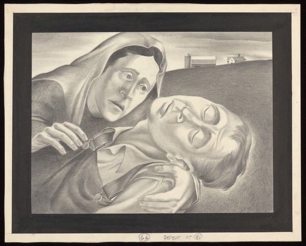 A farmer fallen victim to the plague. Drawing by A.L. Tarter, 194-.