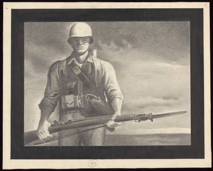 An American soldier prepared for battle in a desolate landscape; analogous to the fight against plague. Drawing by A.L. Tarter, 194-.