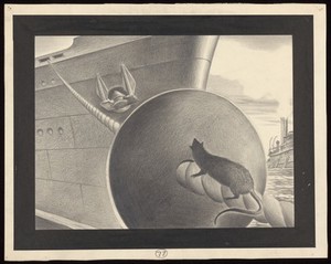 view Obstructions on mooring-lines to stop rats boarding ships. Drawing by A.L. Tarter, 194-.