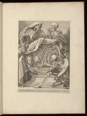 Death, symbolism: three skeletons with roundel of corpses,