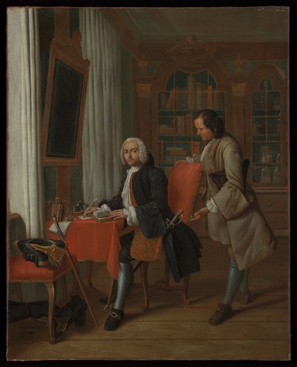 A physician in his study writing a prescription for his waiting patient. Oil painting by Pieter Jakob Horemans, 1745.