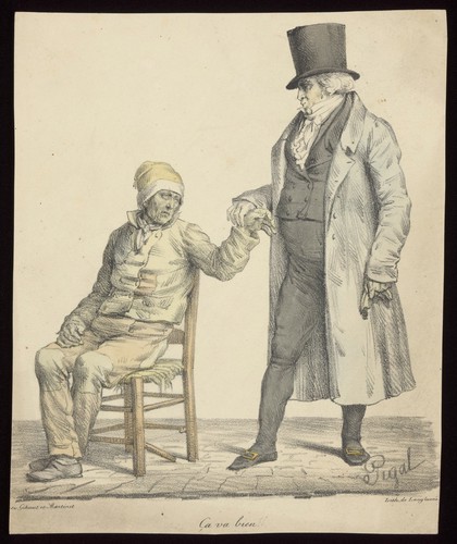 A rich physician feels the pulse of a poor, sick patient; he tells him he is fine. Coloured lithograph by E.J. Pigal, 1822.