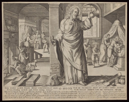 The medical practitioner appearing as Christ when he arrives to treat the sick. Engraving by Johann Gelle after E. van Panderen.
