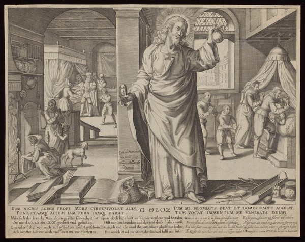 The medical practitioner appearing as Christ when he arrives to treat sick people. Engraving by Johann Gelle after E. van Panderen.
