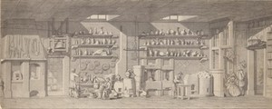 view The chemical laboratory of Ambrose Godfrey. Etching attributed to W.H. Toms after H. Gravelot.