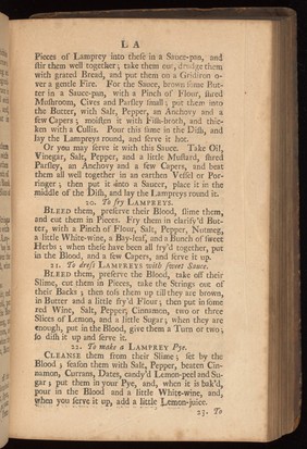 Recipes for cooking lampreys from 'The cooks and confectioners dictionary: or, the accomplished housewife's companion' by John Nott, published 1733.