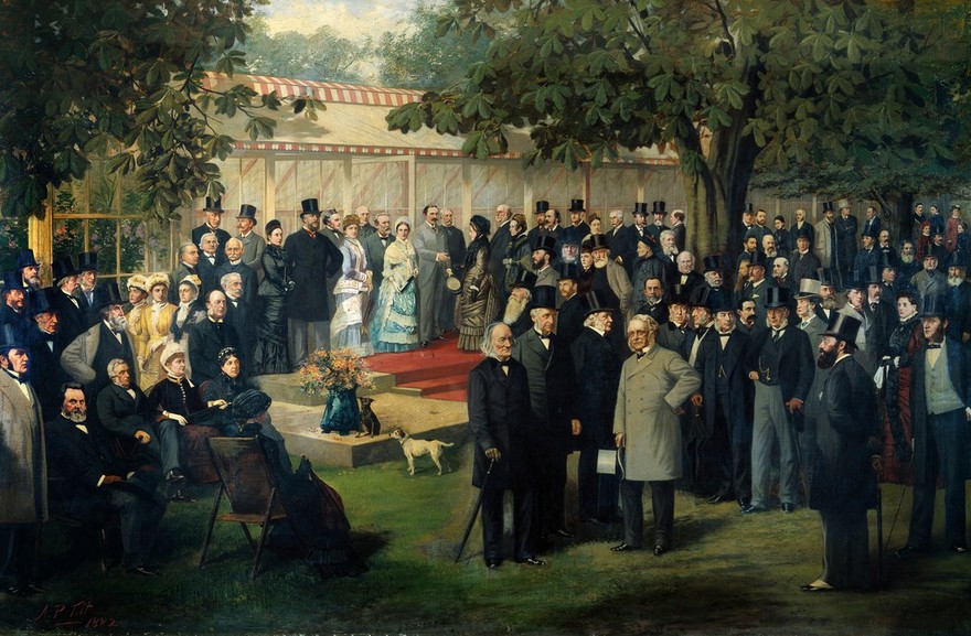 Baroness Burdett-Coutts' garden party at Holly Lodge, Highgate, for members of the International Medical Congress, 1881. Oil painting by Archibald Preston Tilt and/or Alfred Preston Tilt and/or Arthur Preston Tilt, 1881-1882.