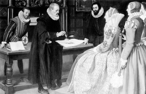 Gilbert demonstrating the magnet before Queen Elizabeth