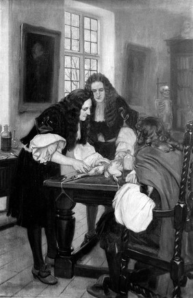 Christopher Wren making his first demonstration of a method of introducing drugs into a vein, before Dr Willis, 1667