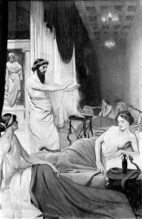 Patients sleeping in the temple of Aesculapius at Epidaurus.