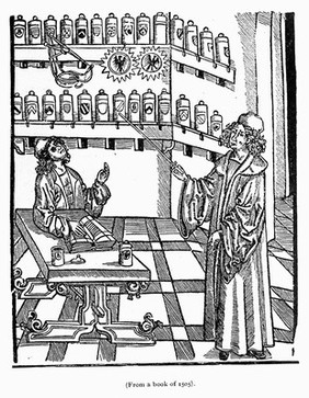 Interior of a pharmacy from a book of 1505: master and apprentice.