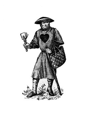 Leper in costume, with clapper and basket.