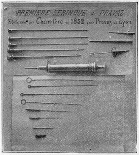 Syringes invented by Pravaz. Reproduction of page showing collection.