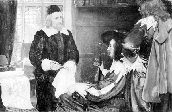 William Harvey demonstrating his theory of circulation of the blood before Charles I. Oil painting by Ernest Board.