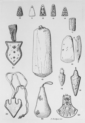 Drawings of flints, and small axe heads and flints in silver.