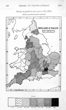 Map of England & Wales showing population in 1750.