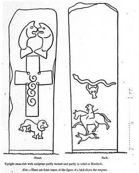 Line drawing of megaliths sculpted, Mortlach.
