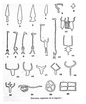 Line drawing of rock carvings in Liguria.