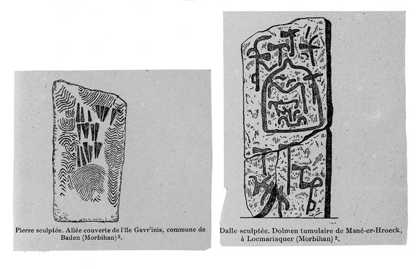 Line drawing of axiform carvings in Morbihan.