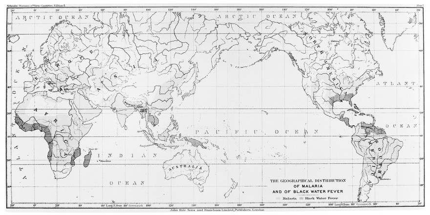 Map of the world showing malaria and blackwater fever.