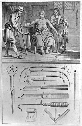 M0001645: Engraving of a blood transfusion from a dog (canine) to a patient (human), circa 1692