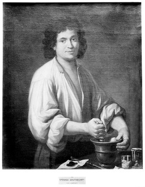 An apothecary (a man using pestle and mortar). Oil painting by a Spanish painter, 18th century.