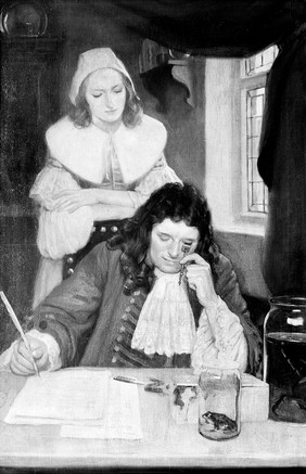 Leeuwenhoek with his microscope. Oil painting by Ernest Board.