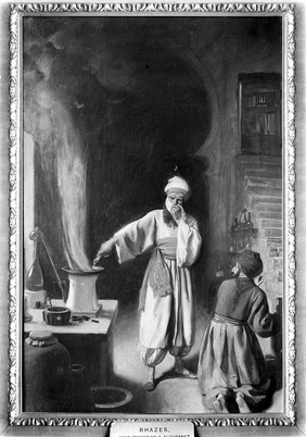 Rhazes (Rāzī), Arab physician and alchemist, in his laboratory at Baghdad. Oil painting by Ernest Board.