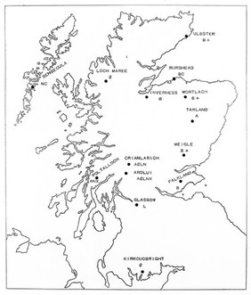 Map of Scotland, with rites in archaeology.