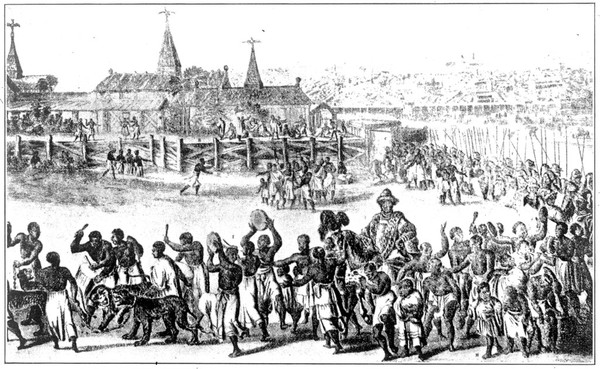 A Royal progress in Benin, procession dwarfs and hunchbacks near the King on horseback