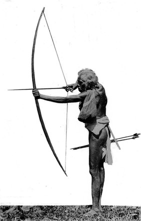 Native holding bow and arrow, showing action