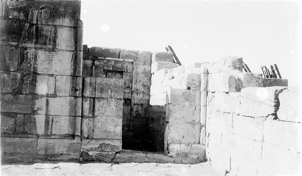 Interior of Temple showing wall carvings, Medinet Habu. Egypt (copy negative)