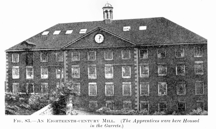 Exterior of an 18th century mill. The apprentices were housed in the garrets. Two sheep before and after the coming of the new agriculture (differences in stock, 1680 & 1808).